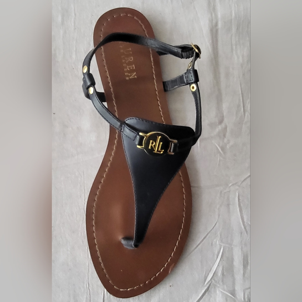 Lauren Ralph Lauren Black and Brown Sandals with T-Strap Design 11 B - Picture 2 of 8